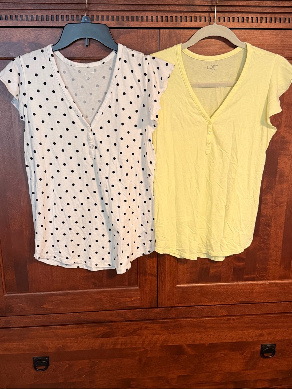 LOFT Polka Dot White V-Neck Top & Soft Yellow Henley Short Sleeve Pair #403